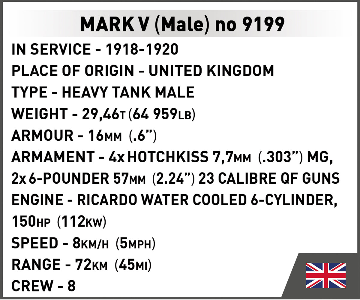 COBI Historical Collection Great War MARK V (Male) no. 9199 Tank
