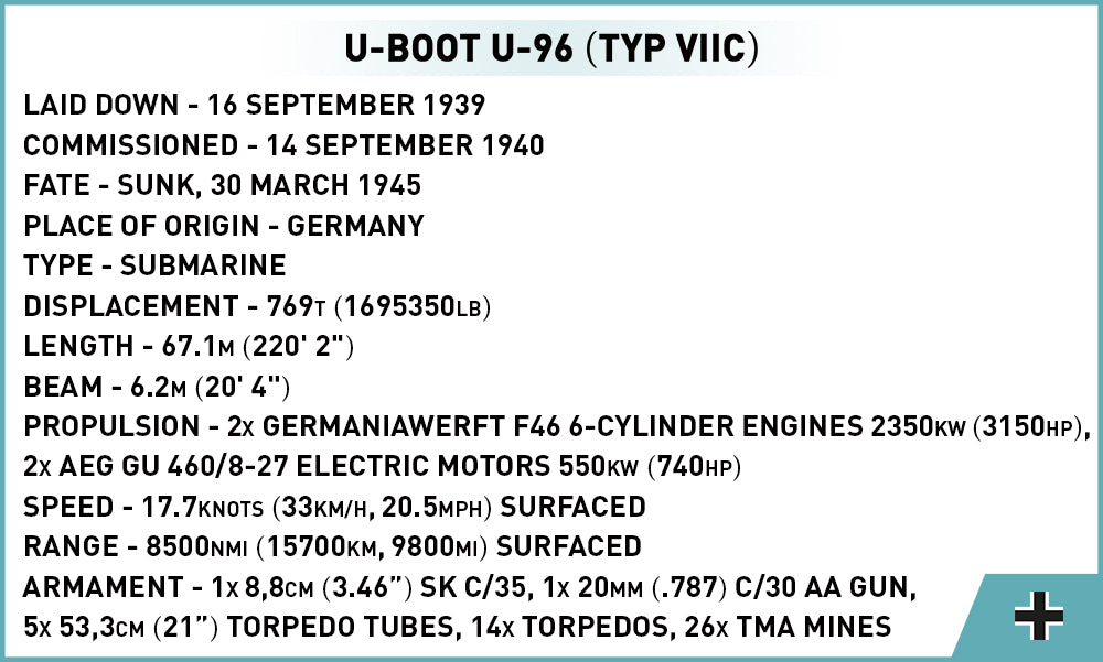 COBI Historical Collection WWII Warships U-BOOT U-96 (TYPE VIIC) Submarine