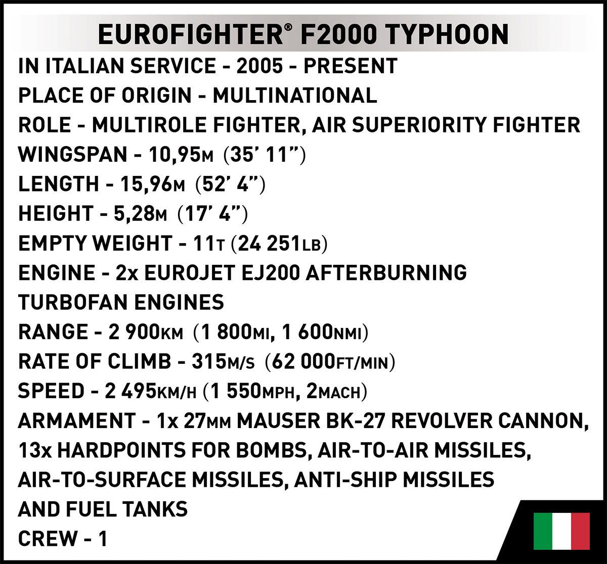 COBI Armed Forces EUROFIGHTER (ITALY) Historical Plane