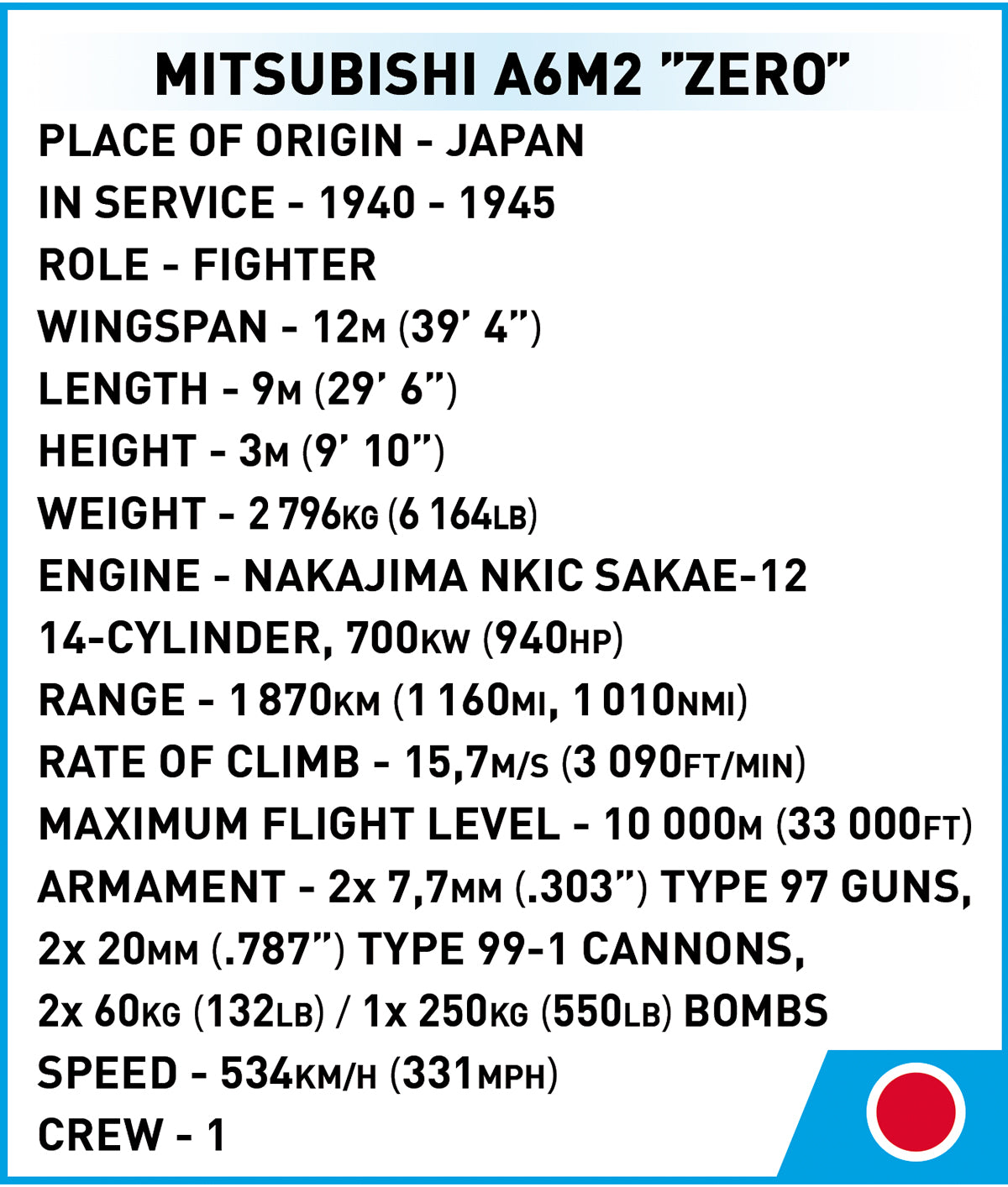 COBI Historical Collection WII MITSUBISHI A6M2 "ZERO" Japanese Fighter Plane