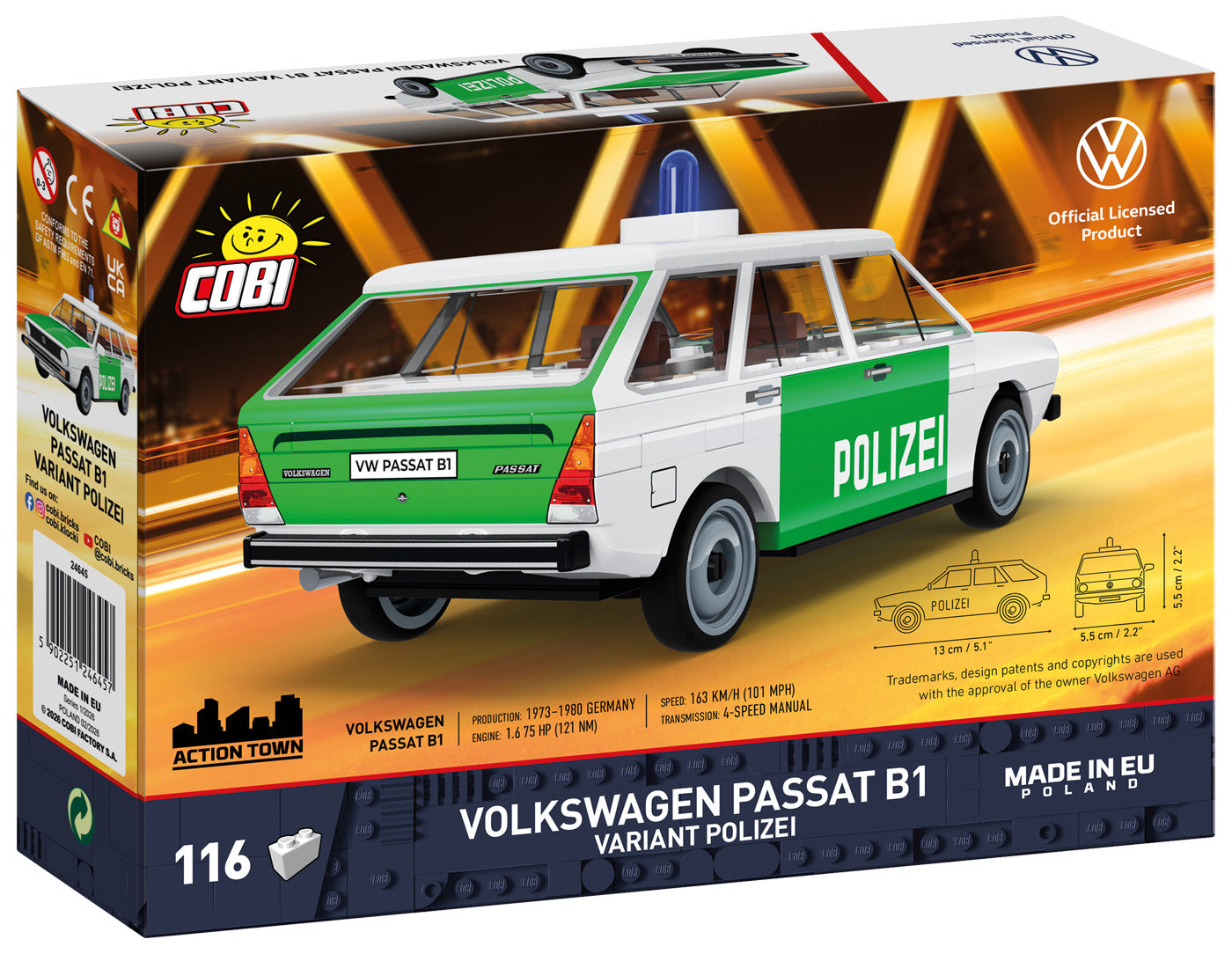 COBI Volkswagen Passat B1 Police Variant Vehicle Building Set, 116 Pieces