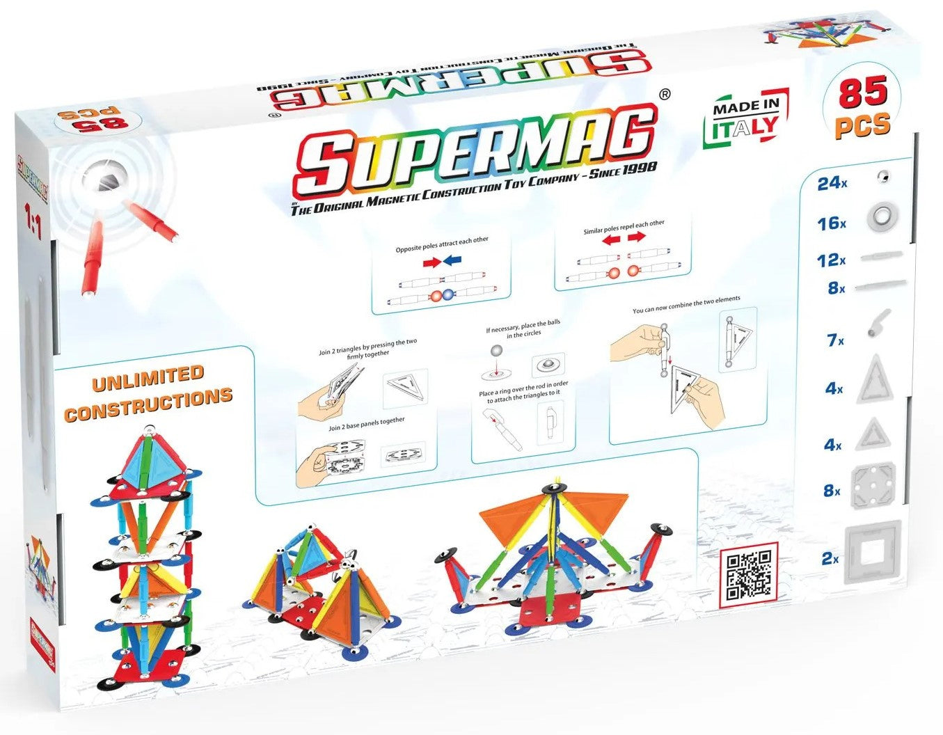 Tinamiri SUPERMAG - Multicolor 85 | Educational construction fun | 85 piece set | Europe-made | STEM | Toy Magnetic Building Sets | Magnet Toys |Supermag 0658