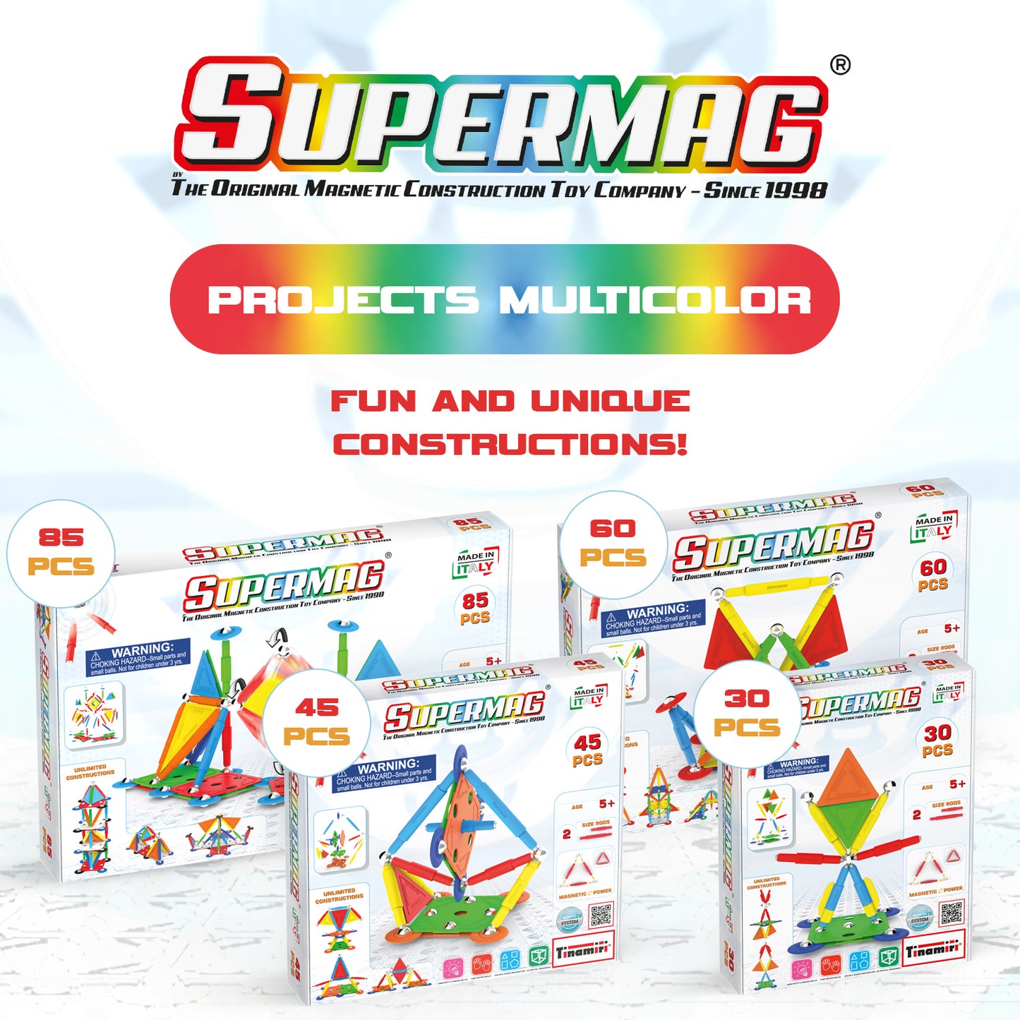 Tinamiri SUPERMAG - Multicolor 85 | Educational construction fun | 85 piece set | Europe-made | STEM | Toy Magnetic Building Sets | Magnet Toys |Supermag 0658