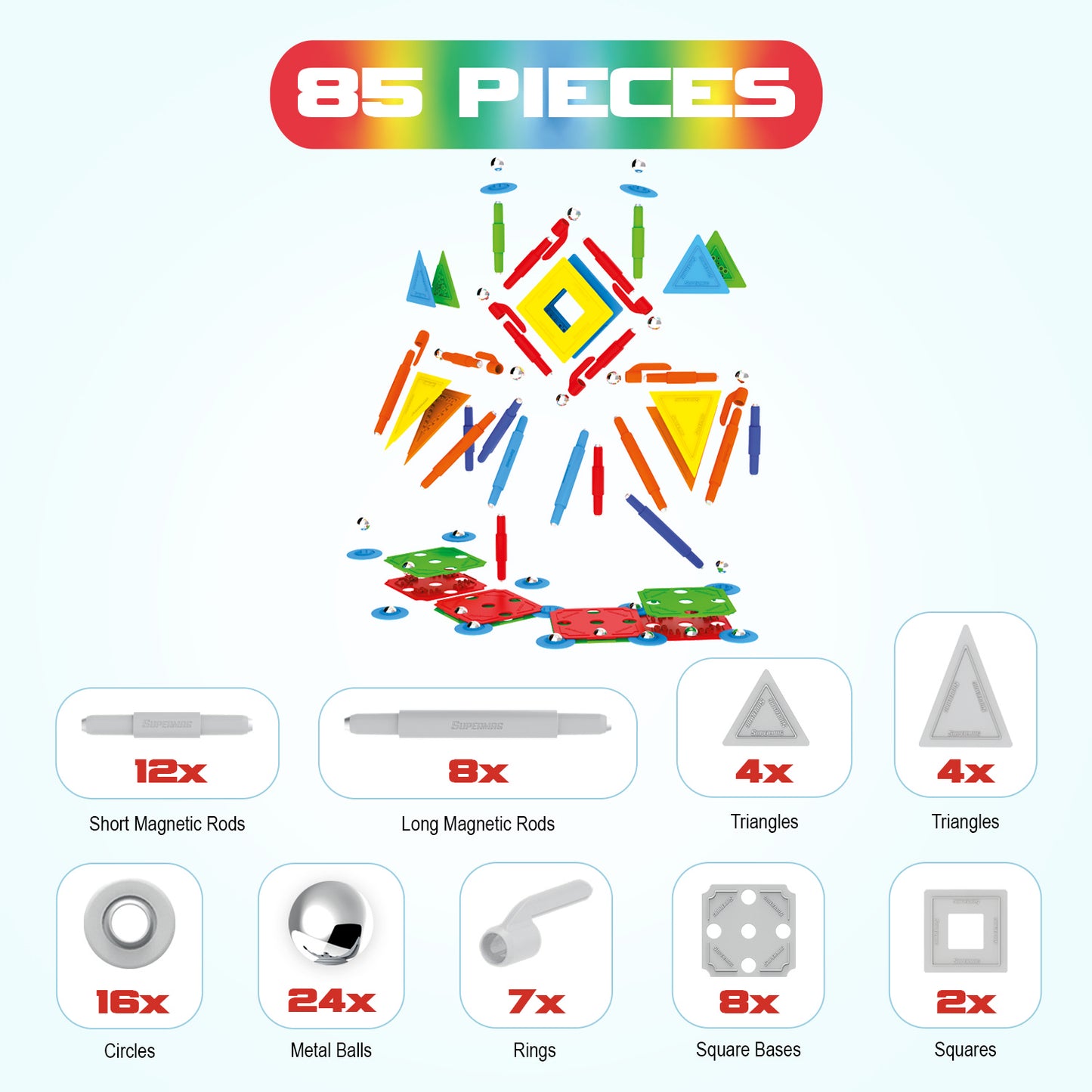 Tinamiri SUPERMAG - Multicolor 85 | Educational construction fun | 85 piece set | Europe-made | STEM | Toy Magnetic Building Sets | Magnet Toys |Supermag 0658