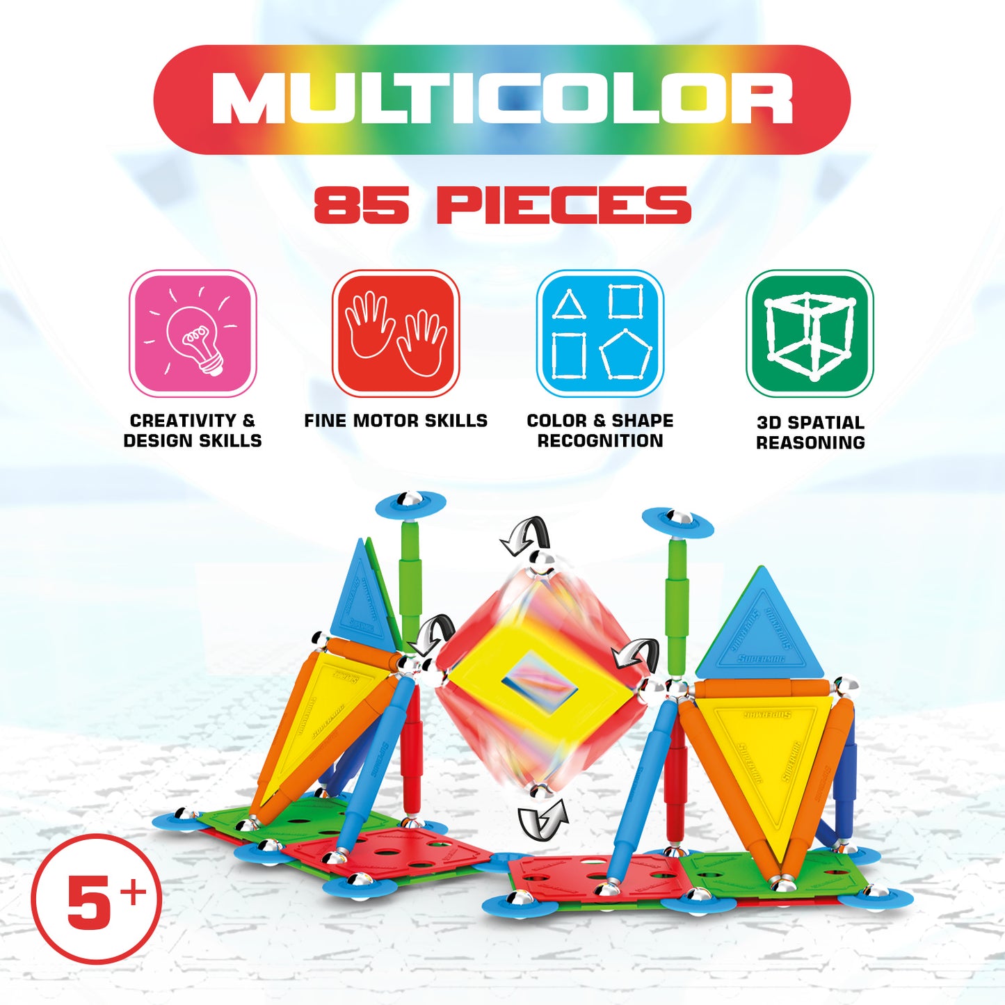 Tinamiri SUPERMAG - Multicolor 85 | Educational construction fun | 85 piece set | Europe-made | STEM | Toy Magnetic Building Sets | Magnet Toys |Supermag 0658