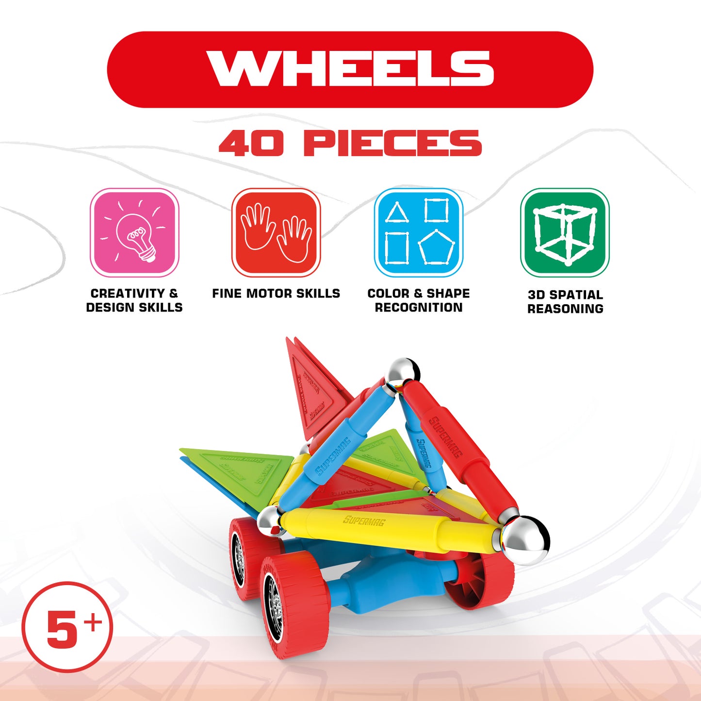 Tinamiri SUPERMAG - Wheels 40 | Educational construction fun | 40 piece set | Europe-made | STEM | Toy Magnetic Building Sets | Magnet Toys | Supermag 0660