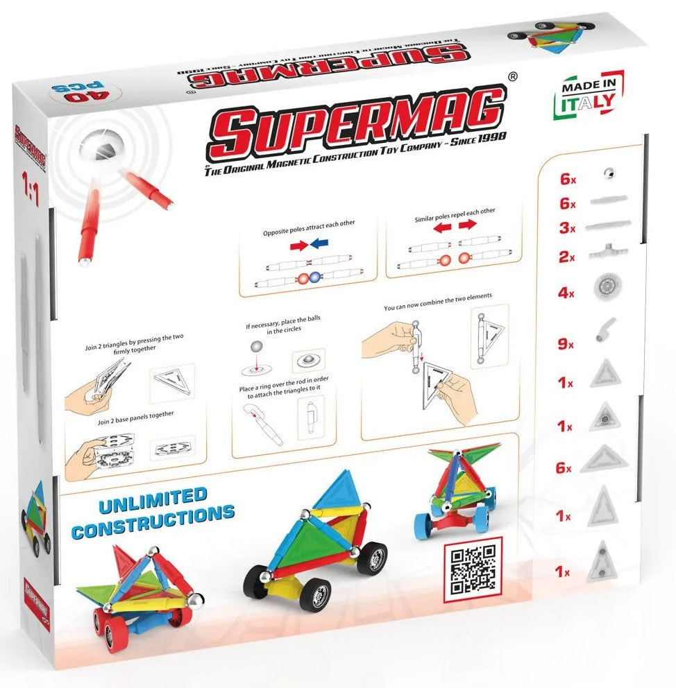 Tinamiri SUPERMAG - Wheels 40 | Educational construction fun | 40 piece set | Europe-made | STEM | Toy Magnetic Building Sets | Magnet Toys | Supermag 0660