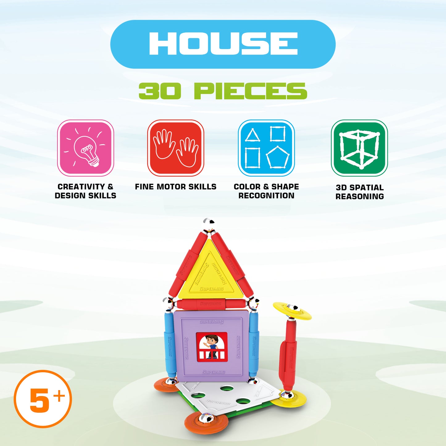 Tinamiri SUPERMAG - House 30 | Educational construction fun | 30 piece set | Europe-made | STEM | Toy Magnetic Building Sets | Magnet Toys | Supermag 0662