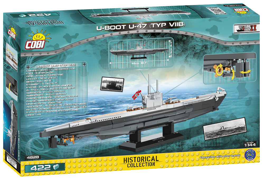 COBI Historical Collection U-BOOT U-47 (TYPE VIIB) WWII Submarine Building Set, 422 Pieces
