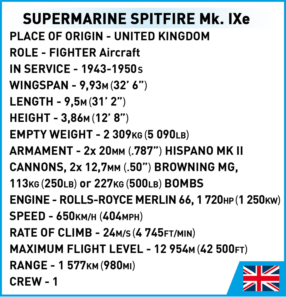 COBI Historical Collection WWII Supermarine Spitfire Mk. IXe, 364 Pieces