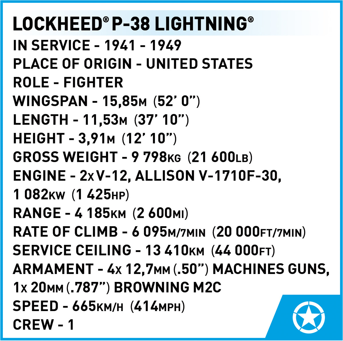 COBI Historical Collection WWII Lockheed® P-38 LIGHTNING® Plane