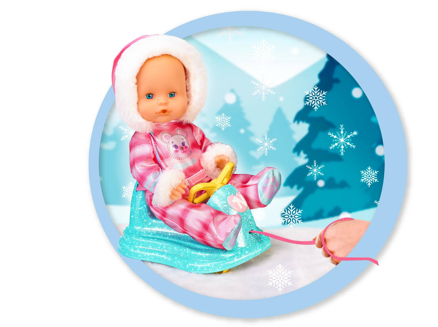 Nenuco 14" Baby Doll in Ski Suit and Sleigh Accesssory On Wheels With Color Chaning Nose, For Ages 2+