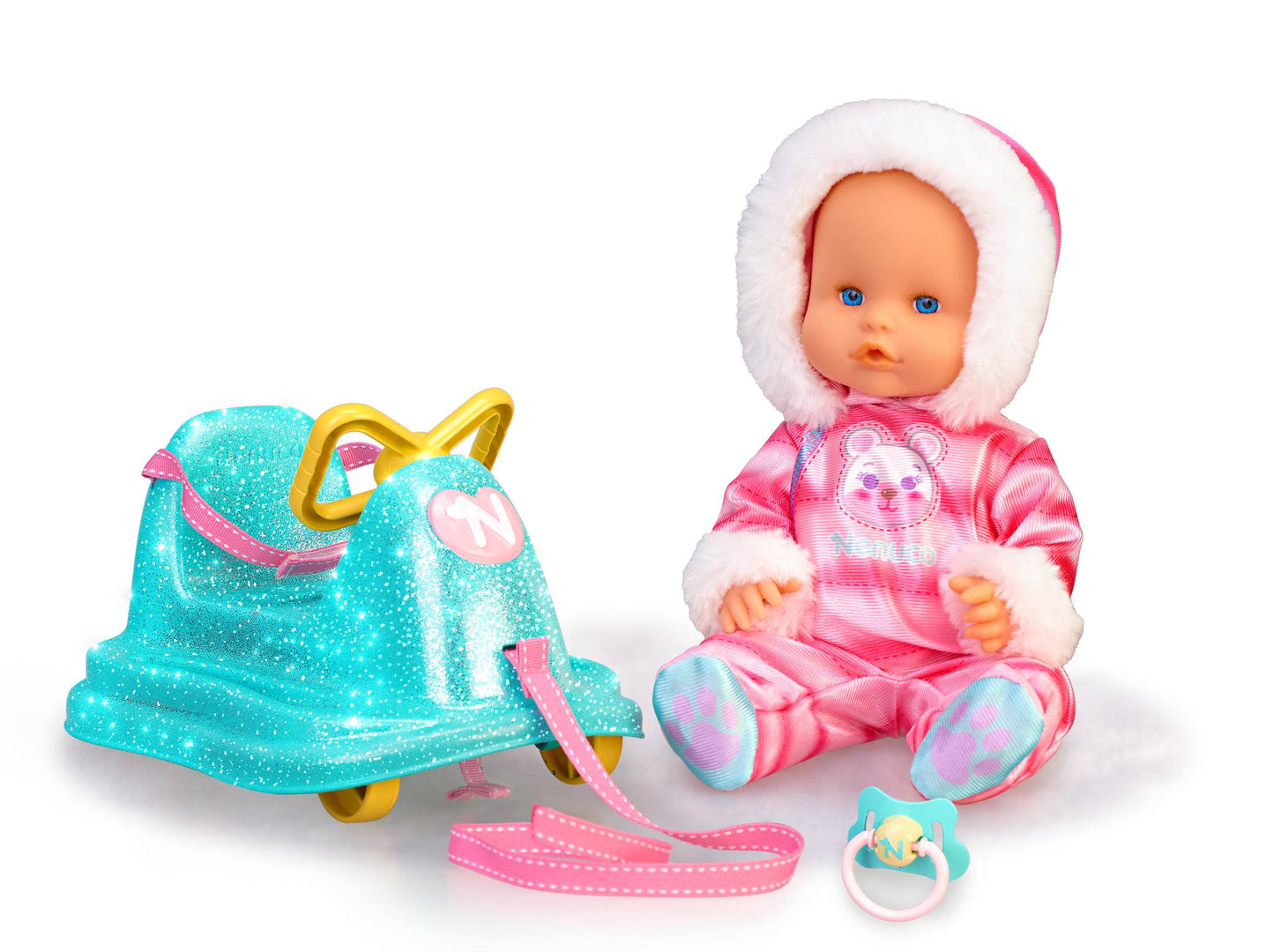 Nenuco 14" Baby Doll in Ski Suit and Sleigh Accesssory On Wheels With Color Chaning Nose, For Ages 2+