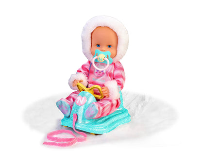 Nenuco 14" Baby Doll in Ski Suit and Sleigh Accesssory On Wheels With Color Chaning Nose, For Ages 2+