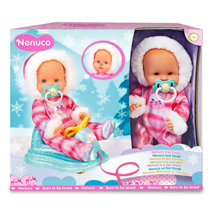 Nenuco 14" Baby Doll in Ski Suit and Sleigh Accesssory On Wheels With Color Chaning Nose, For Ages 2+