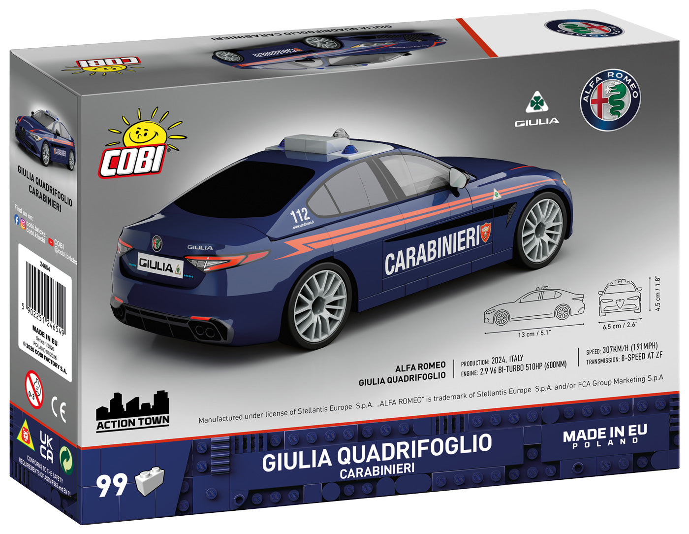 COBI Alfa Romeo Giulia Quadrifoglio, Carabinieri Vehicle Building Set, 99 Pieces