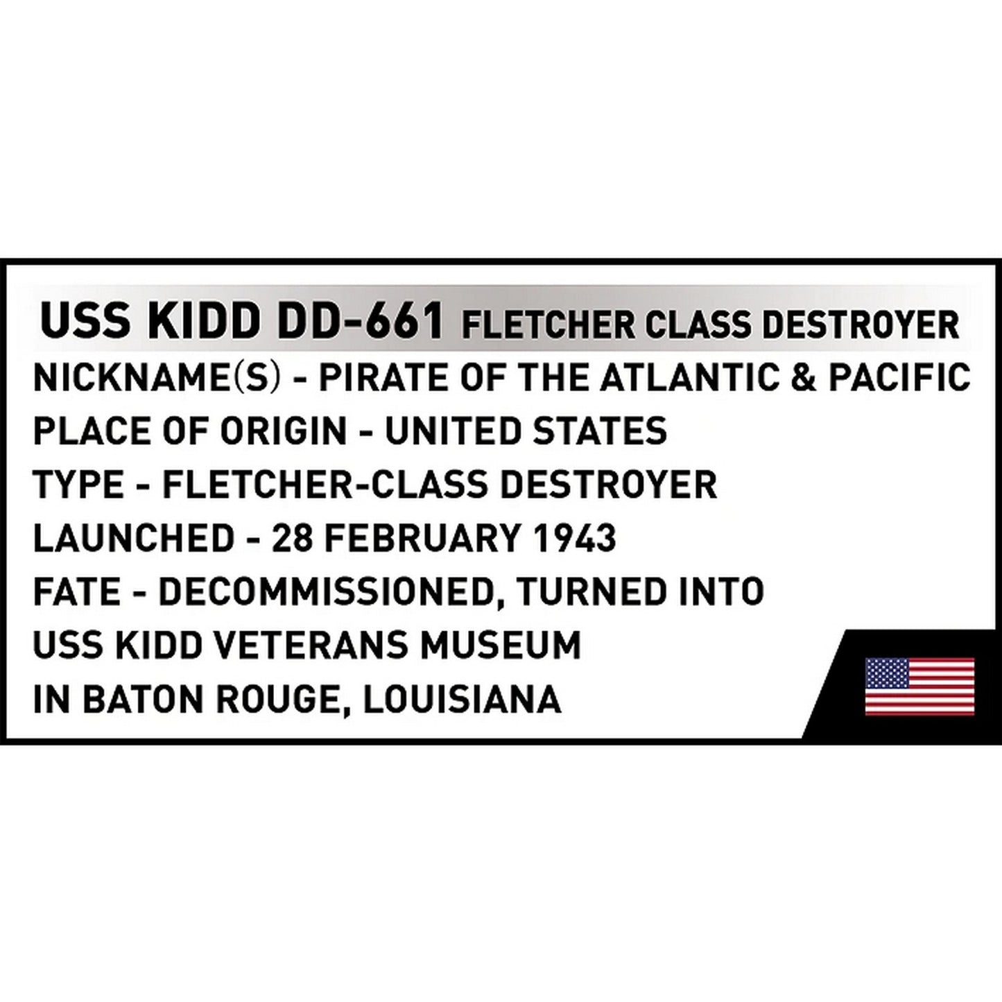 COBI Historical Collection WWII USS KIDD (DD-661) / Fletcher-Class Destroyer Building Set, 706-pieces