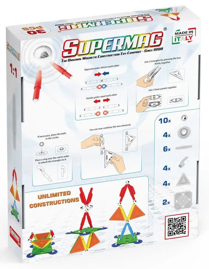 Tinamiri SUPERMAG - Multicolor 30 | Educational construction fun | 30 piece set | Europe-made | STEM | Toy Magnetic Building Sets | Magnet Toys | Supermag 0650