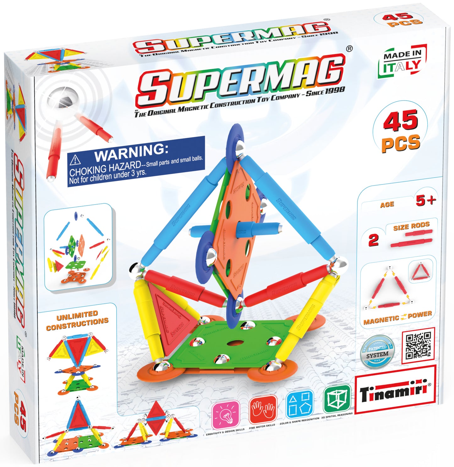 Tinamiri SUPERMAG - Multicolor 45 | Educational construction fun | 45 piece set | Europe-made | STEM | Toy Magnetic Building Sets | Magnet Toys | Supermag 0651