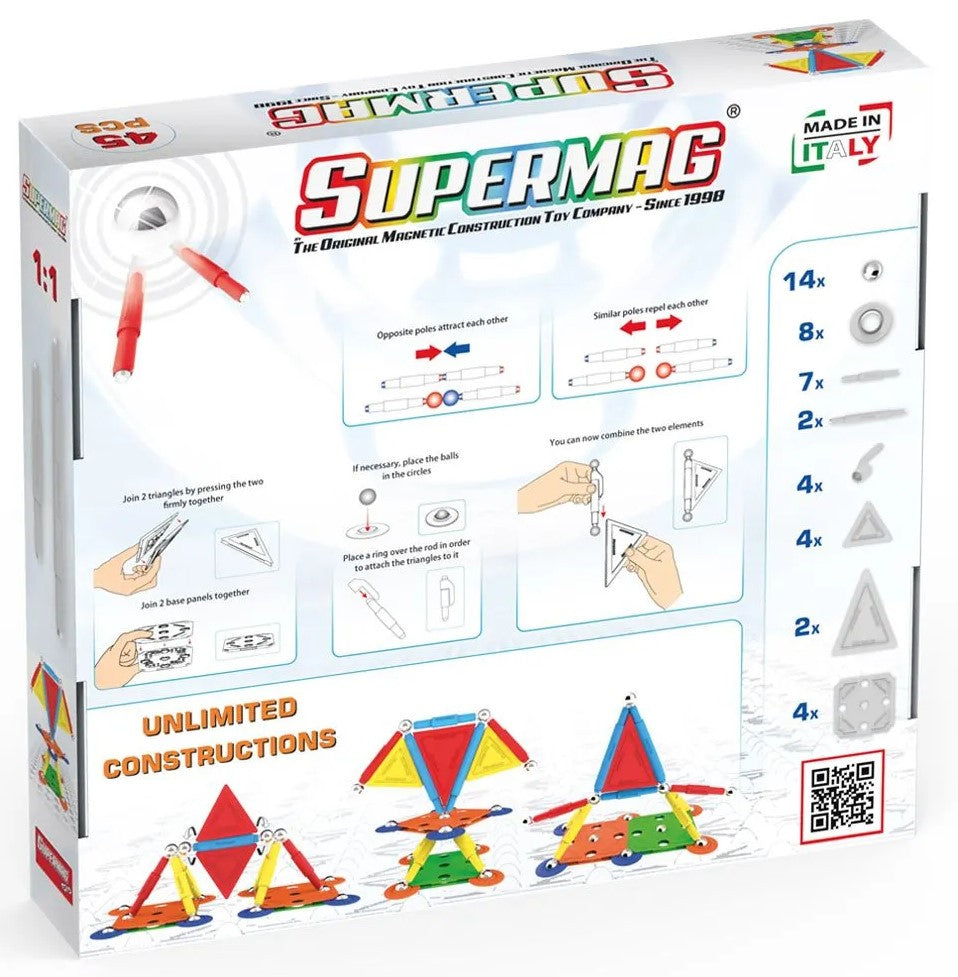 Tinamiri SUPERMAG - Multicolor 45 | Educational construction fun | 45 piece set | Europe-made | STEM | Toy Magnetic Building Sets | Magnet Toys | Supermag 0651