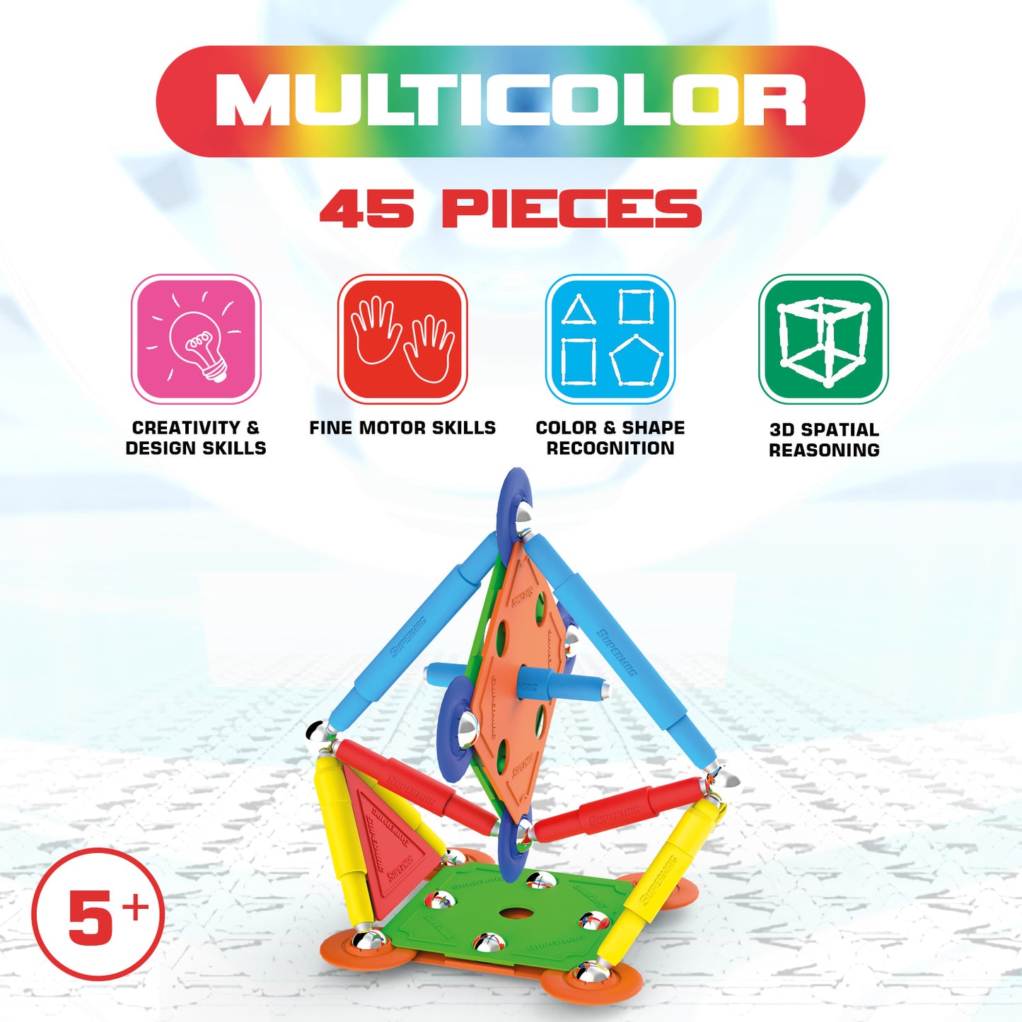 Tinamiri SUPERMAG - Multicolor 45 | Educational construction fun | 45 piece set | Europe-made | STEM | Toy Magnetic Building Sets | Magnet Toys | Supermag 0651