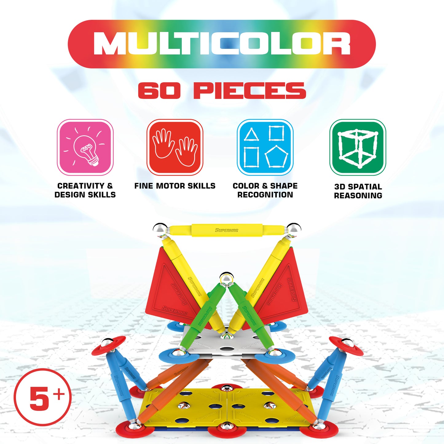 Tinamiri SUPERMAG - Multicolor 60 | Educational construction fun | 60 piece set | Europe-made | STEM Toys | Magnetic Building Sets | Magnet Toys | Supermag 0652