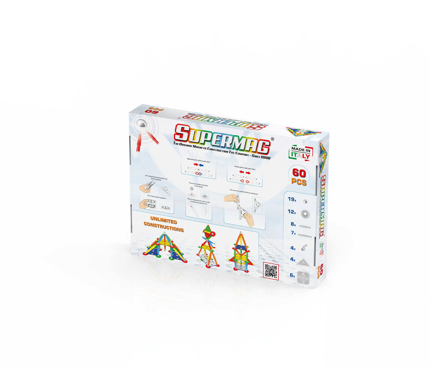 Tinamiri SUPERMAG - Multicolor 60 | Educational construction fun | 60 piece set | Europe-made | STEM Toys | Magnetic Building Sets | Magnet Toys | Supermag 0652