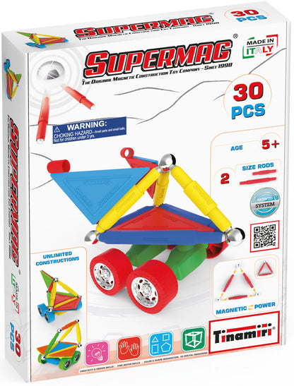 Tinamiri SUPERMAG - Wheels 30 | Educational construction fun | 30 piece set | Europe-made | STEM | Toy Magnetic Building Sets | Magnet Toys | Supermag 0653