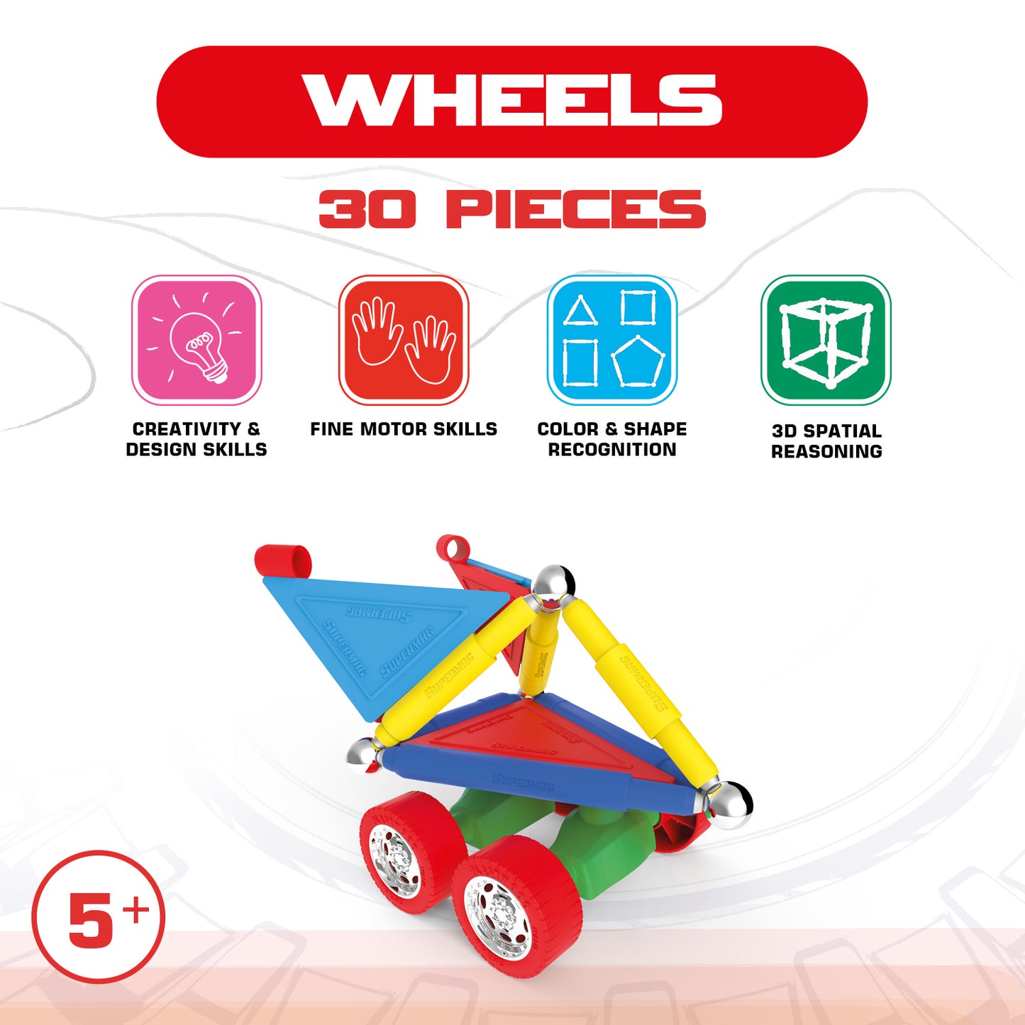 Tinamiri SUPERMAG - Wheels 30 | Educational construction fun | 30 piece set | Europe-made | STEM | Toy Magnetic Building Sets | Magnet Toys | Supermag 0653