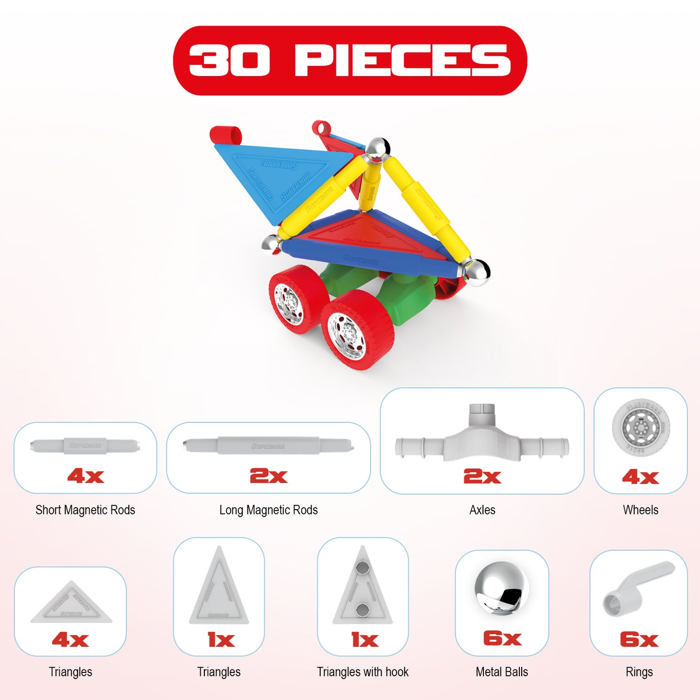 Tinamiri SUPERMAG - Wheels 30 | Educational construction fun | 30 piece set | Europe-made | STEM | Toy Magnetic Building Sets | Magnet Toys | Supermag 0653