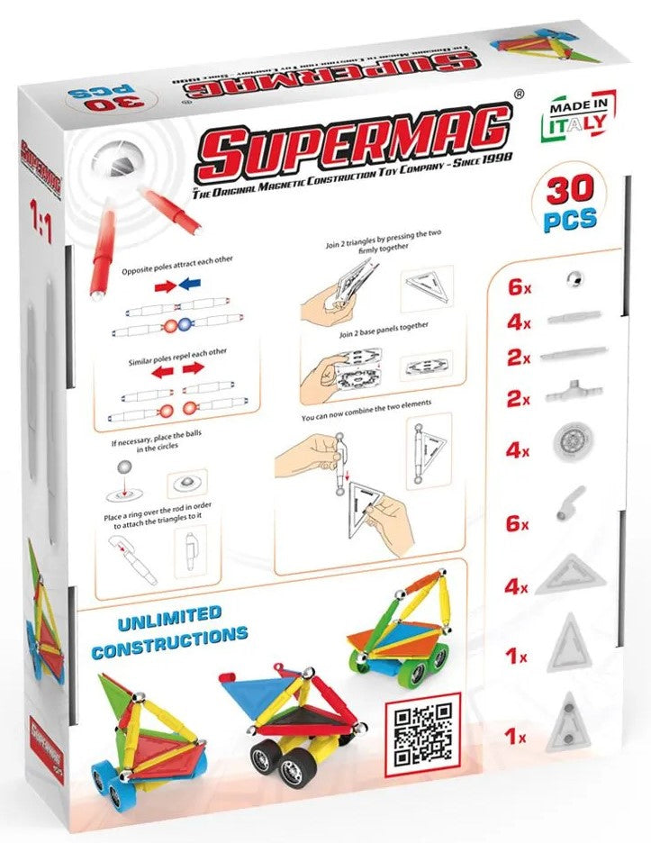 Tinamiri SUPERMAG - Wheels 30 | Educational construction fun | 30 piece set | Europe-made | STEM | Toy Magnetic Building Sets | Magnet Toys | Supermag 0653