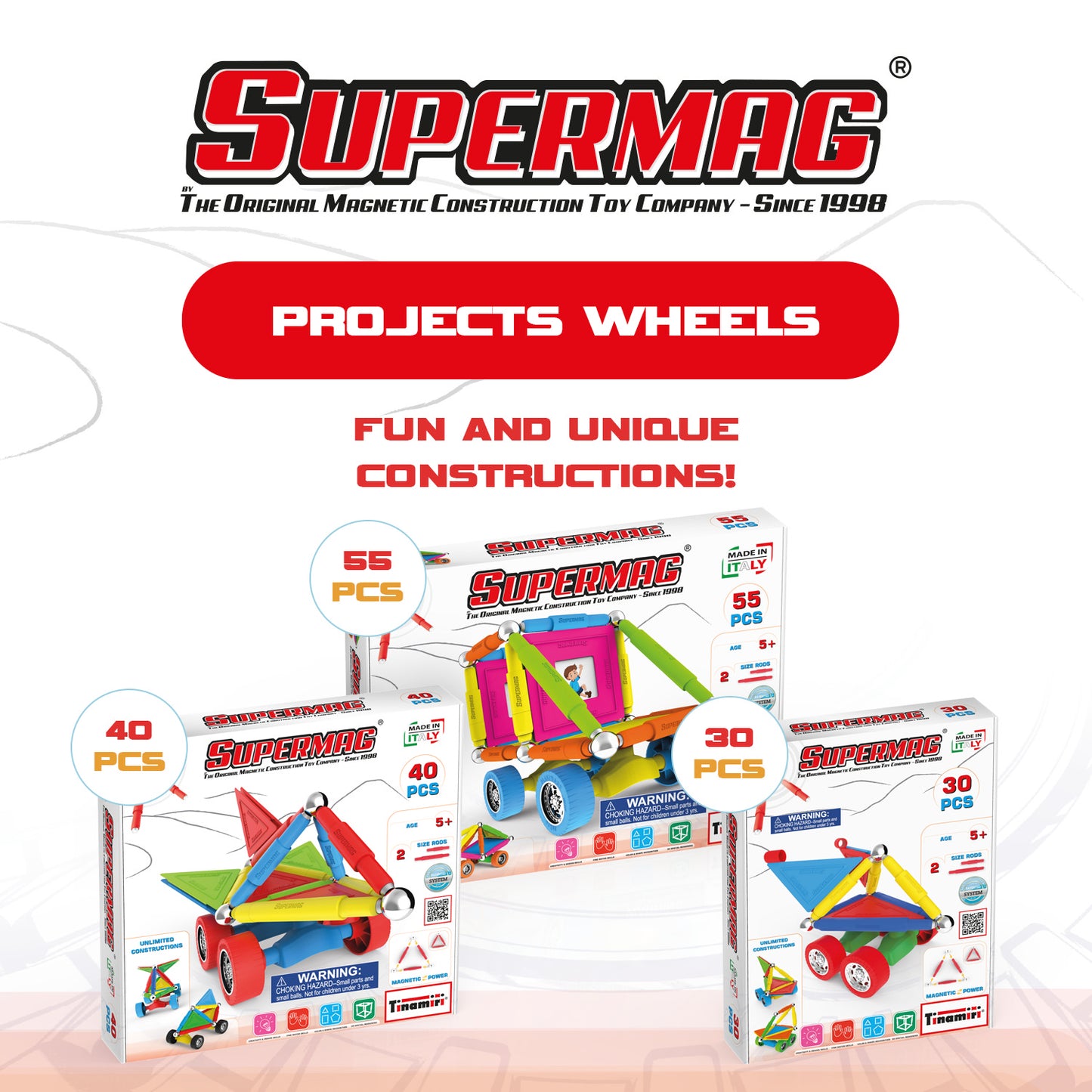 Tinamiri SUPERMAG - Wheels 30 | Educational construction fun | 30 piece set | Europe-made | STEM | Toy Magnetic Building Sets | Magnet Toys | Supermag 0653