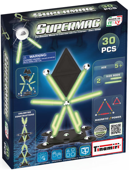 Tinamiri SUPERMAG - Glow 30 | Educational construction fun | 30 piece set | Europe-made | STEM | Toy Magnetic Building Sets | Magnet Toys |Supermag 0657