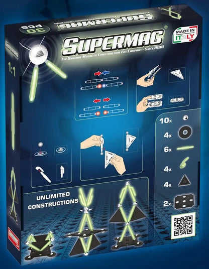 Tinamiri SUPERMAG - Glow 30 | Educational construction fun | 30 piece set | Europe-made | STEM | Toy Magnetic Building Sets | Magnet Toys |Supermag 0657