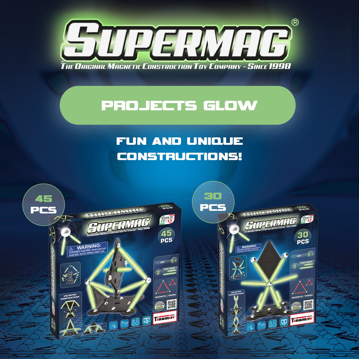 Tinamiri SUPERMAG - Glow 30 | Educational construction fun | 30 piece set | Europe-made | STEM | Toy Magnetic Building Sets | Magnet Toys |Supermag 0657