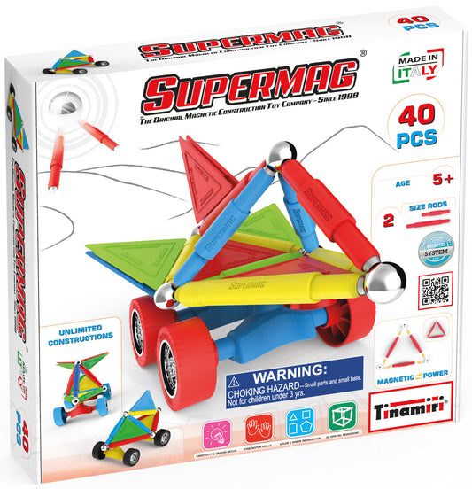 Tinamiri SUPERMAG - Wheels 40 | Educational construction fun | 40 piece set | Europe-made | STEM | Toy Magnetic Building Sets | Magnet Toys | Supermag 0660