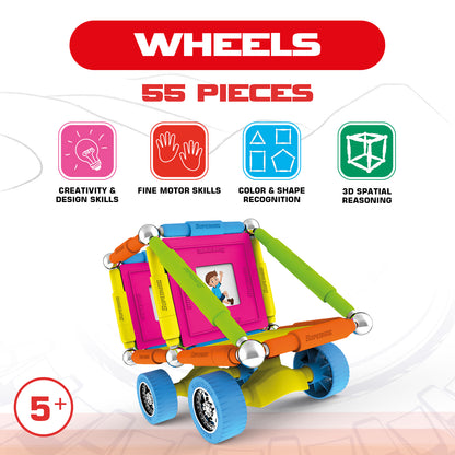 Tinamiri SUPERMAG - Wheels 55 | Educational construction fun | 55 piece set | Europe-made | STEM | Toy Magnetic Building Sets | Magnet Toys | Supermag 0661