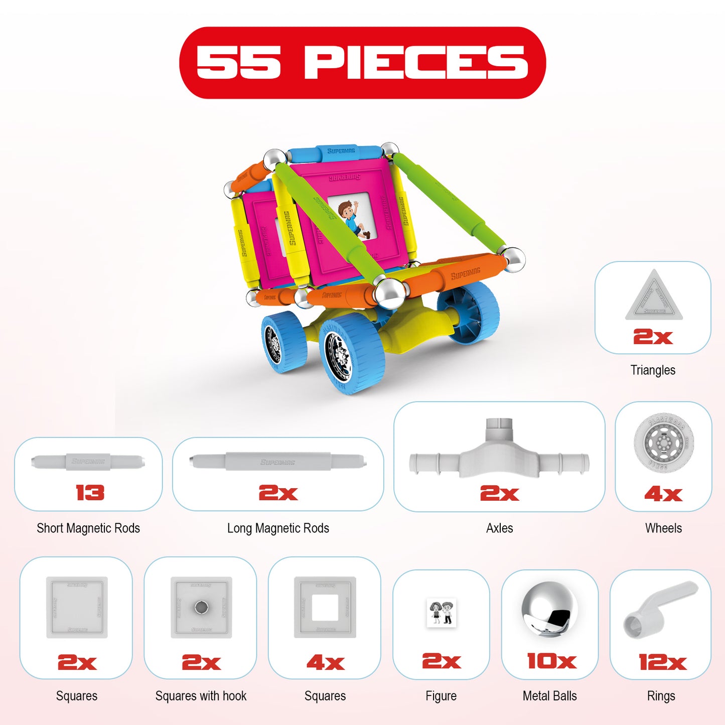 Tinamiri SUPERMAG - Wheels 55 | Educational construction fun | 55 piece set | Europe-made | STEM | Toy Magnetic Building Sets | Magnet Toys | Supermag 0661