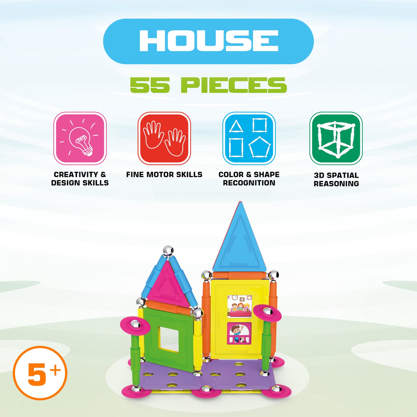 Tinamiri SUPERMAG - House 55 | Educational construction fun | 55 piece set | Europe-made | STEM | Toy Magnetic Building Sets | Magnet Toys | Supermag 0663