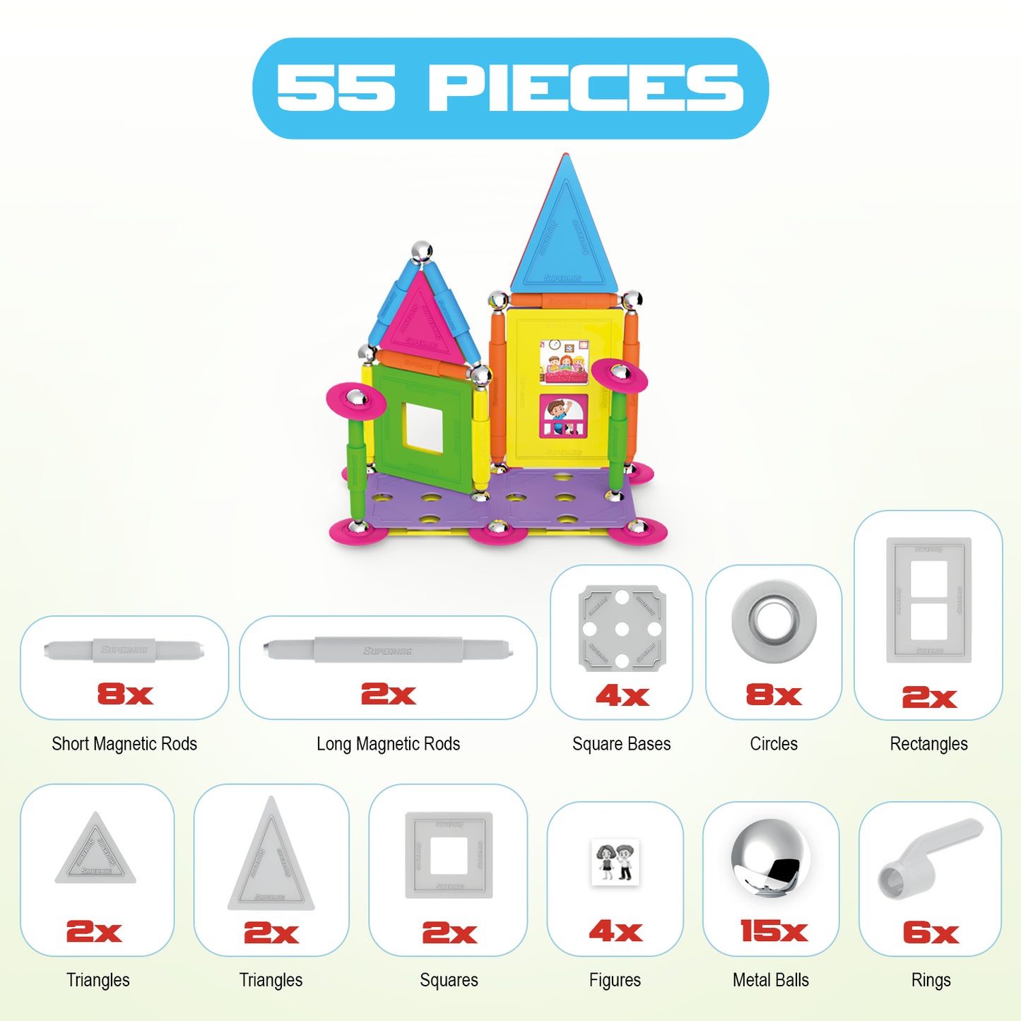 Tinamiri SUPERMAG - House 55 | Educational construction fun | 55 piece set | Europe-made | STEM | Toy Magnetic Building Sets | Magnet Toys | Supermag 0663