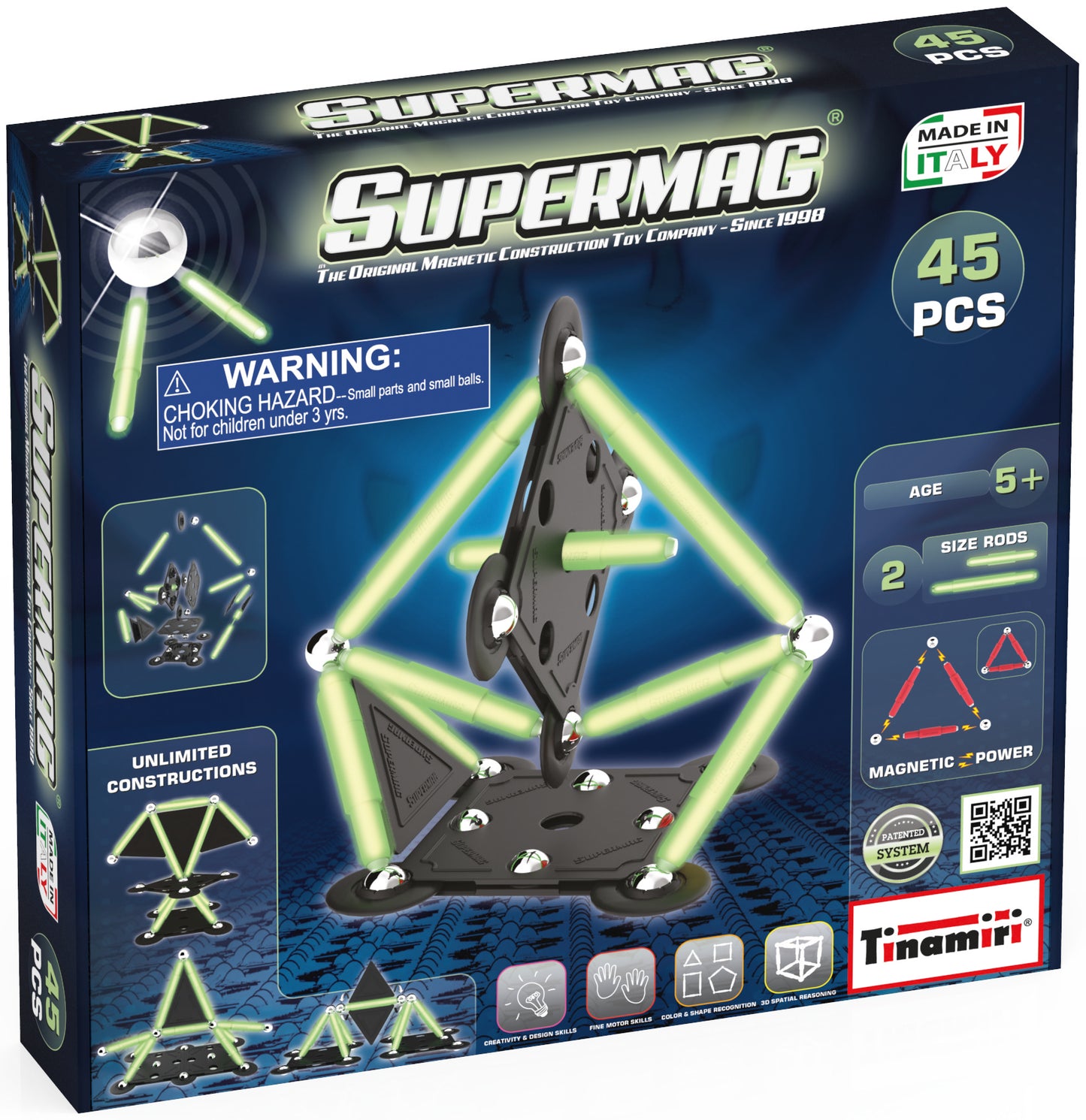 Tinamiri SUPERMAG - Glow 45 | Educational construction fun | 45 piece set | Europe-made | STEM | Toy Magnetic Building Sets | Magnet Toys | Supermag 0666